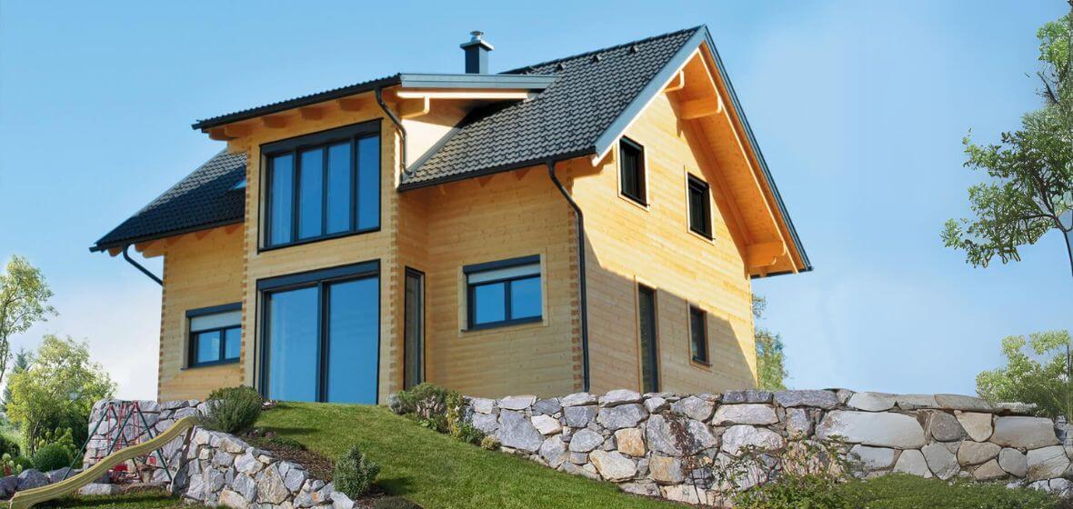 Two-storey log cabin with bay window